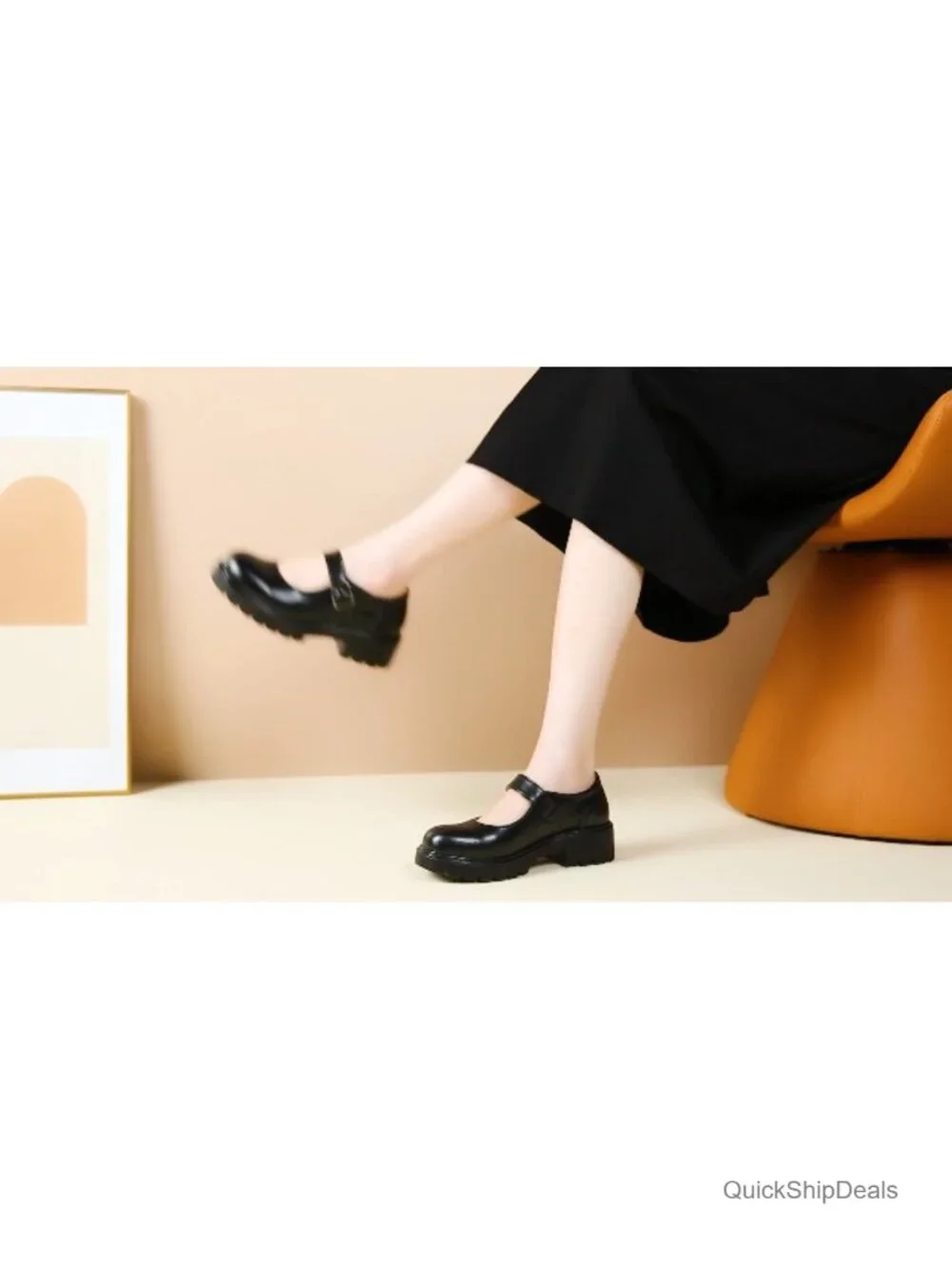 Mary Jane Platform Shoes, Chunky Heel, Leather, Round Toe, Buckle, Memory Foam